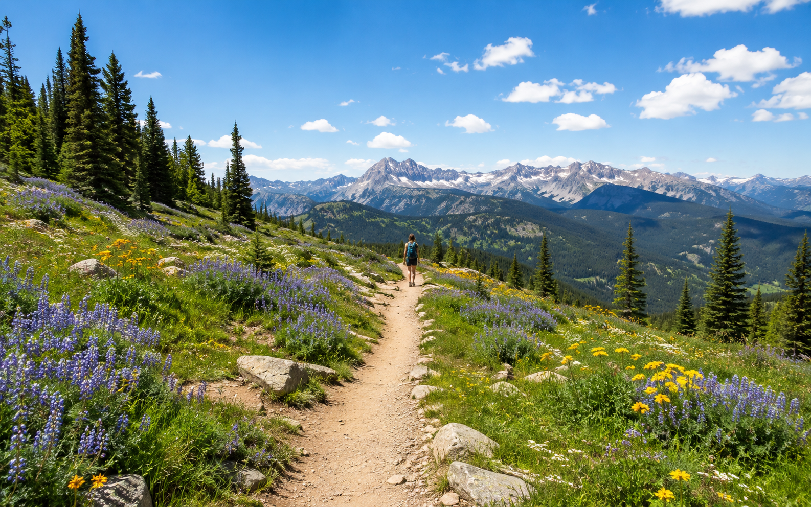 A gentle mountain trail through wildflowers