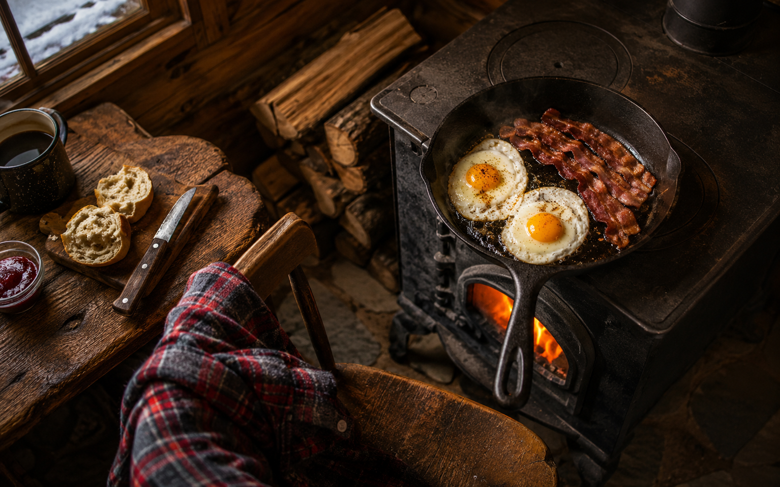 A cast-iron skillet over an open fire