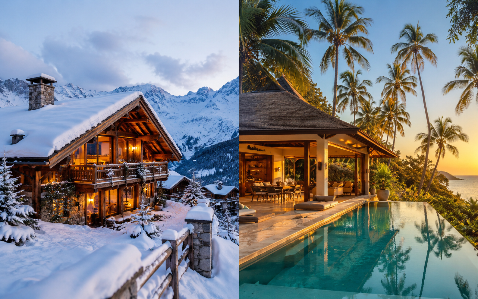 A mountain chalet with snow-capped peaks behind