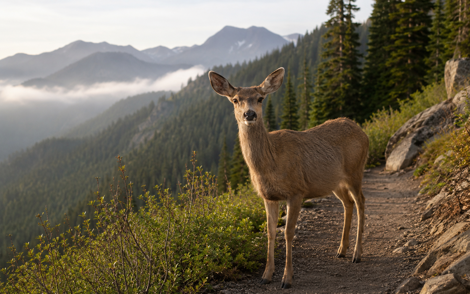 A deer standing on a mountain path at dawn